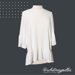 Pleione White 3/4 Bell Sleeve, Ruffle Hem boat neck Tunic Top womens size Medium